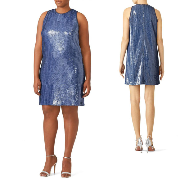 Carmen Marc Valvo Denim Blue Sequin Sleeveless Shift Dress Size 6 Small - Picture 6 of 14